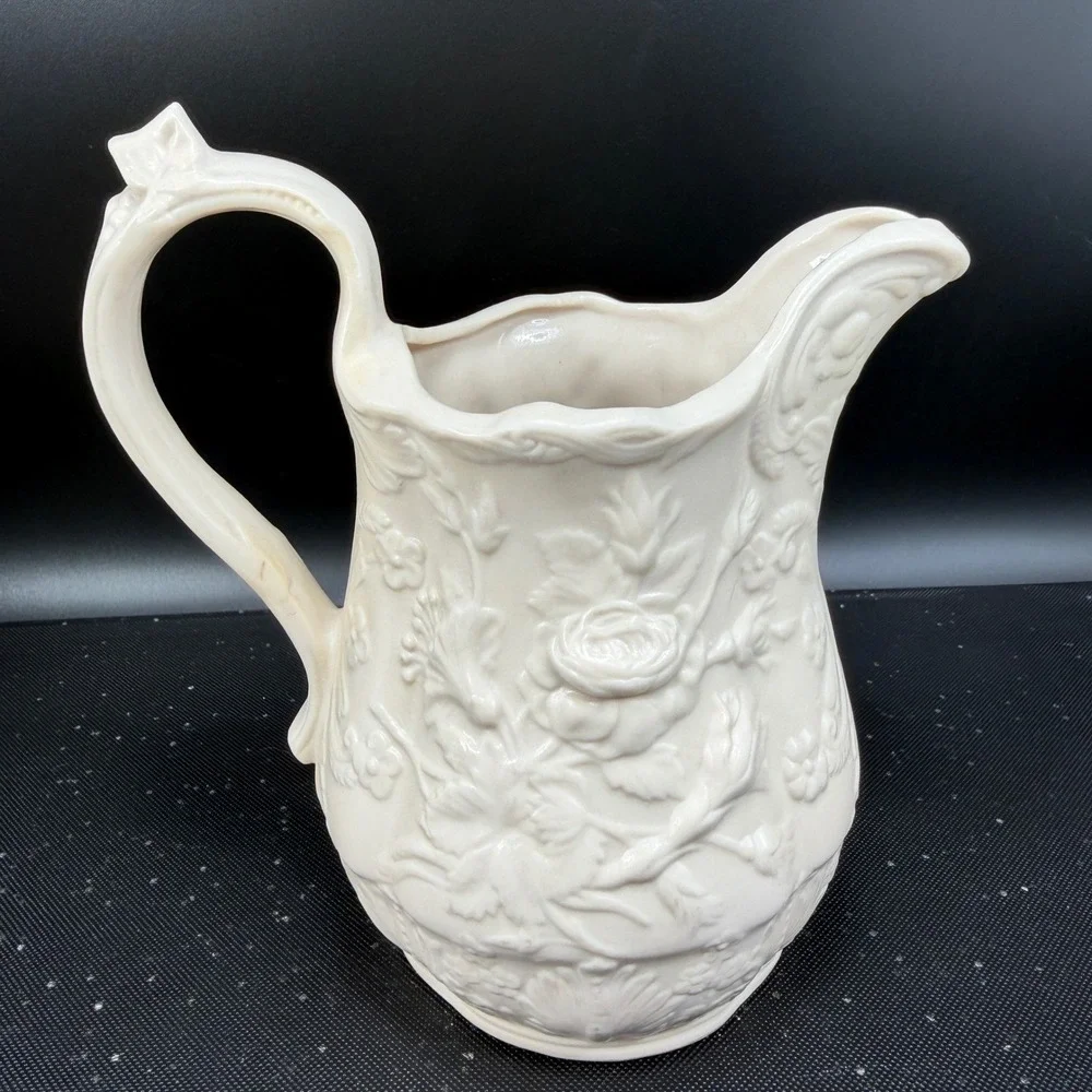 Vintage‎ M Bennett 1974 Embossed Rose Floral Ceramic Pitcher Cream White Signed